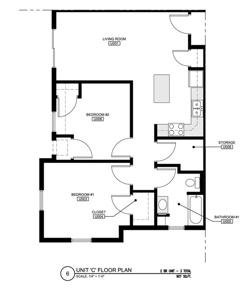 Floor plan for 2 beds, 1 bath, 907 sqft